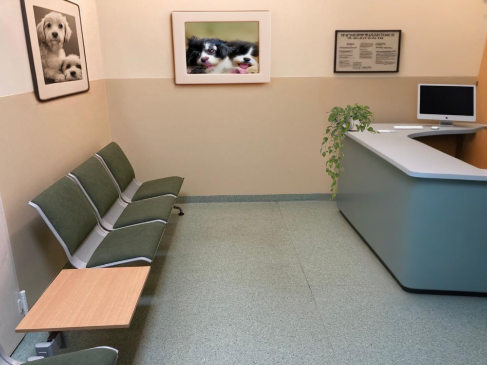 Wartebereich in einer Tierarztpraxis mit fl&auml;chigem Wandschutz