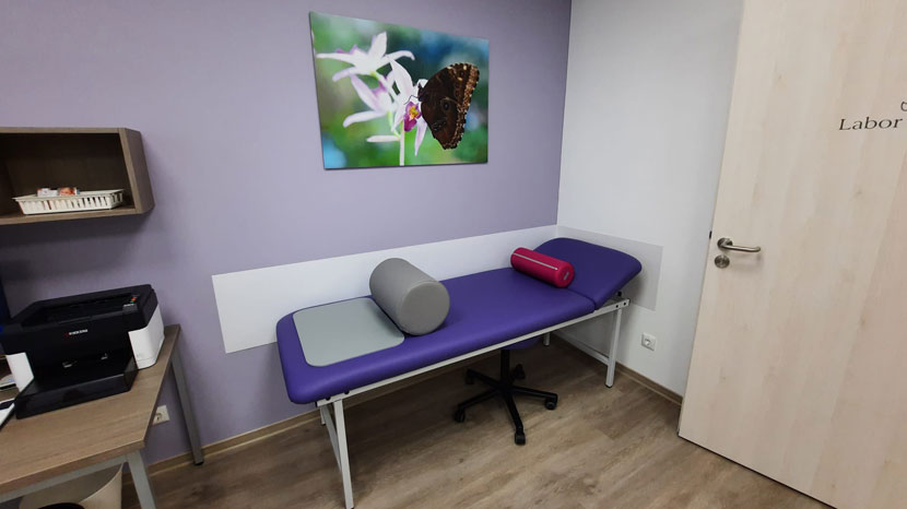 Ein Untersuchungszimmer in einer Arztpraxis mit einer lila gepolsterten Liege, die mit zwei Kissen ausgestattet ist. An der Wand über der Liege hängt ein Bild einer Blume mit einem Schmetterling. Die Wände sind teilweise in Lila und Weiß gestrichen, mit einer Wandschutzplatte entlang der Wand, um Kratzer und Verschmutzungen zu vermeiden. Rechts ist eine Holztür mit der Aufschrift 'Labor', links steht ein kleiner Tisch mit einem Drucker und einem Regal darüber.