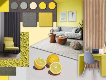 Collage aus Interior-Design-Elementen in Gelb- und Grautönen: Farb- und Materialproben, moderne Wohn- und Arbeitsszenen mit gelben Akzenten, graue Vorhänge, Möbelstücke sowie Zitronen als Symbol für die Farbpalette.