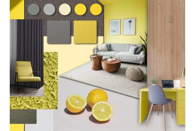 Collage aus Interior-Design-Elementen in Gelb- und Grautönen: Farb- und Materialproben, moderne Wohn- und Arbeitsszenen mit gelben Akzenten, graue Vorhänge, Möbelstücke sowie Zitronen als Symbol für die Farbpalette.